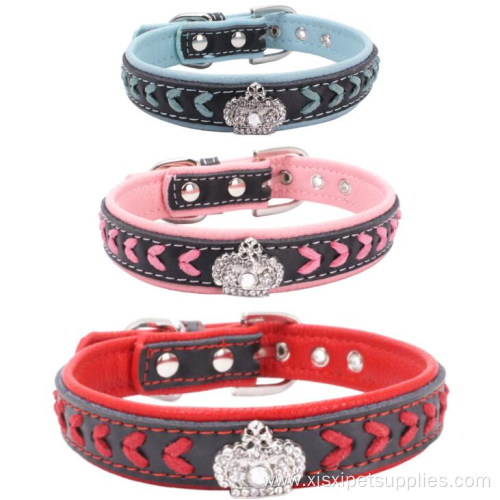 Fashion Rhinestone Crown Rivet Designers Leather Dog Collar